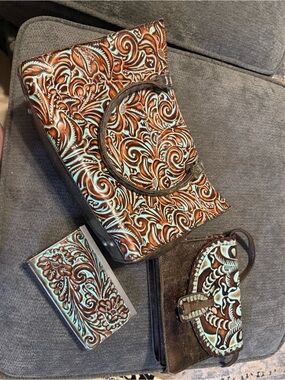 Patricia Nash Brown Tooled Leather Set with Turquoise Accents